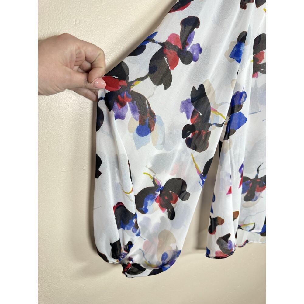 Cabi Womens Orchid Blouse Floral Career Office L Ruffle Chiffon #4426 - Picture 4 of 9